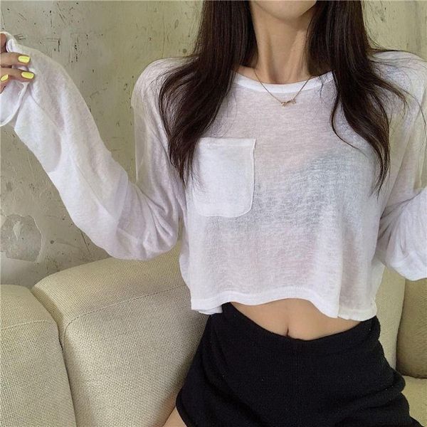 

women's t-shirt thin sunscreen long-sleeved spring and summer 2021 solid color wild korean loose short crop top, White