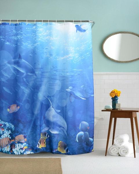Duschvorhänge QIYI Ocean Print Badezimmer mit Haken Wasserdichter Polyesterstoff Meerestiere Bad für Kinder