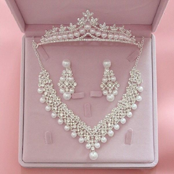 

earrings & necklace crown 3 piece set pearl headdress bridal jewelry, Silver