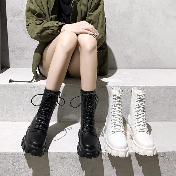 

boots women's motorcycle middle thick soles and versatile plush british, Black