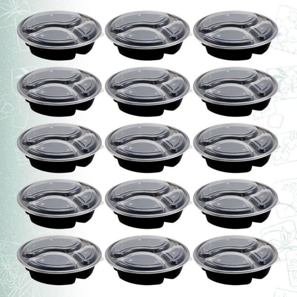 

dinnerware sets 15pcs disposable round bento box 3-compartment meal prep container safe storage containers 1000ml(bla