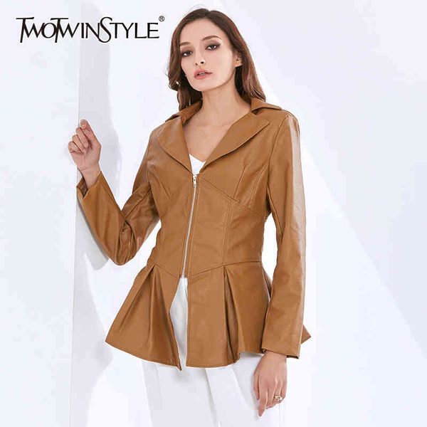 

patchwork zipper ruched pu leather jacket for women lapel long sleeve tunic casual jackets female fashion 210524, Black