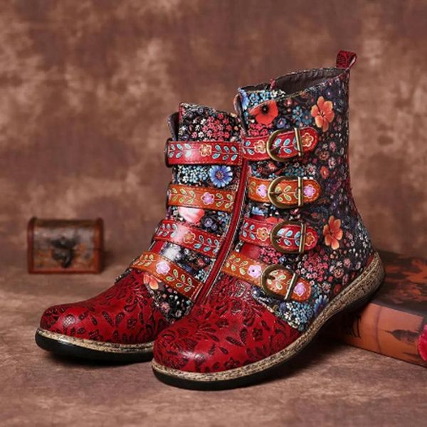 

boots vintage flower ankle shoes women buckle cow boy for 2021 spring female short tube boot retro, Black