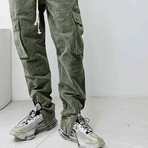 

capris vintage green/black military canvas cargo pants front zipper ankles