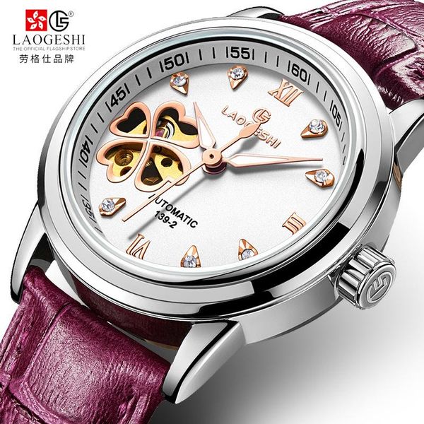 

women automatic mechanical watches diamond four-leaf clover wristwatches ladies rose leather watch waterproof senhoras assistir, Slivery;brown