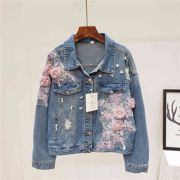 

jacket fashion heavy work beading pink applique flowers frayed denim women basic coat loose short jeans jacket female outerwear, Black;brown