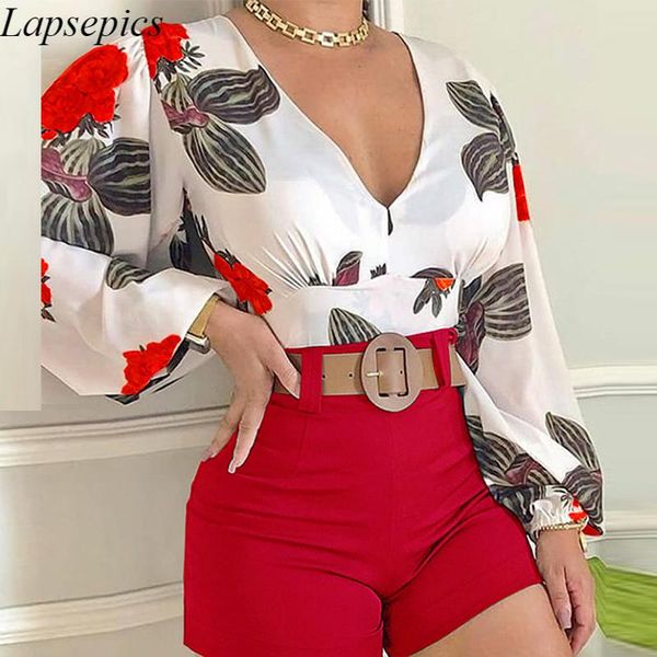 

women's tracksuits summer fashion office lady two piece short sets v-neck floral print and solid slim shorts suit women elegant ou, Gray