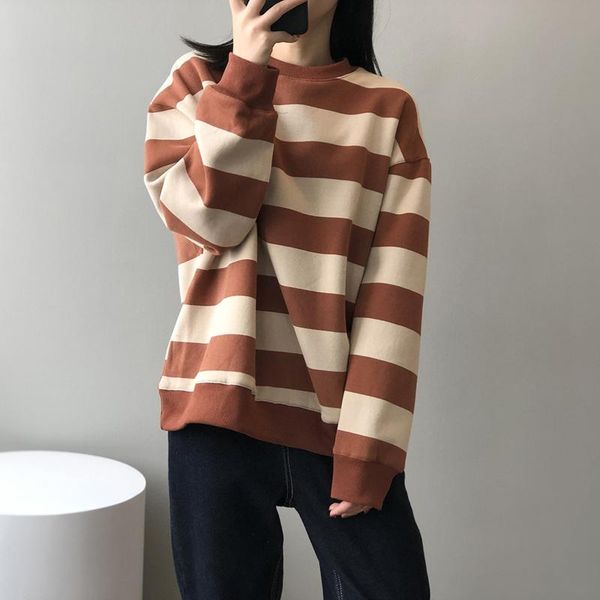 

women's hoodies & sweatshirts 2021 autumn winter women loose casual striped pullover sweatshirt coat thicken fleece cotton, Black