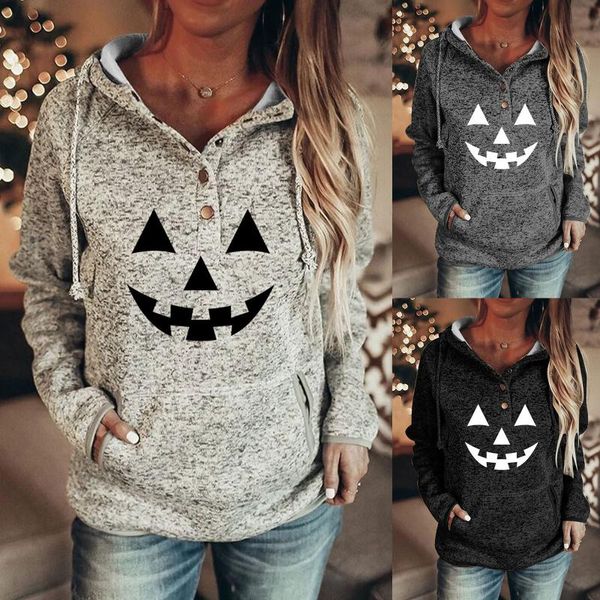 

women's blouses & shirts halloween hoodie pumpkin print long-sleeved sweatshirt casual blouse pullover drawstring hoodies with pocket, White