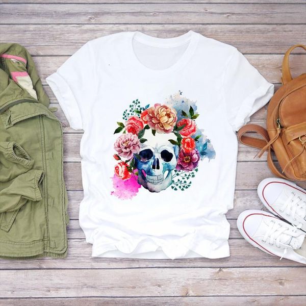 

men vintage flower watercolor skull t shirt fashion print summer graphic female ladies mens tee, White;black