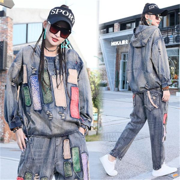 

cowboy suit female fashion 2021 spring autumn new hooded stitching hole loose hip-hop harlan pants two pieces of women clothing, White