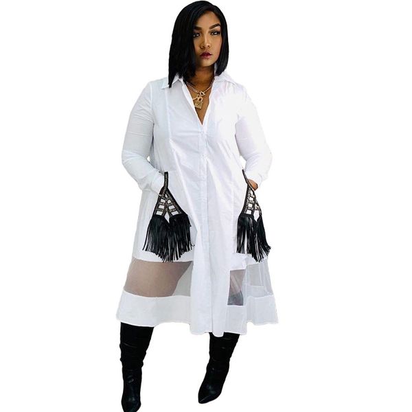 

long sleeve loose shirt dress women mesh patchwork tassel pockets white shirt dress autumn oversized midi casual shirt dress, Black;white