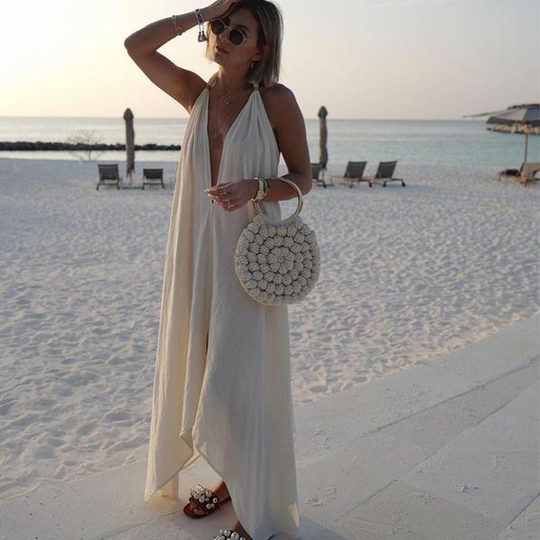 

casual dresses sleeveless halter deep v-neck dress women's fashion elegant summer 2021 beach sundress, Black;gray