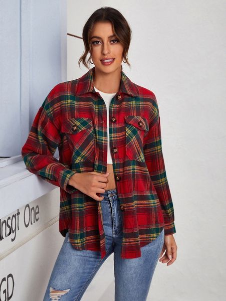 

tartan flap pocket drop shoulder overcoat x2a9#, Black