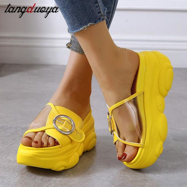 

slippers transparent women buckle beach chunky sandals big size platform summer slides femmes chaussures, Black