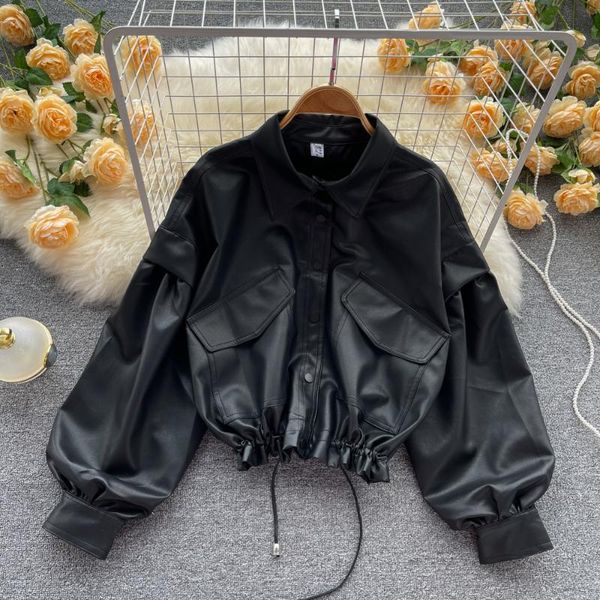 

women's jackets streetÂ chicÂ womenÂ motorcycleÂ typeÂ puÂ leatherÂ jacketÂ shortÂ drawstringÂ waistÂ coolÂ leatherÂ coatÂ femaleÂ Â style, Black;brown