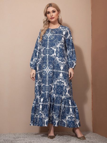

plus paisley print ruffle hem dress s8hr#, Black