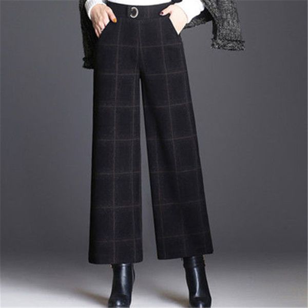 

skirts striped women wide leg pants woolen thick warm fashion autumn winter trousers elastic high waist female casual loose pant q, Black