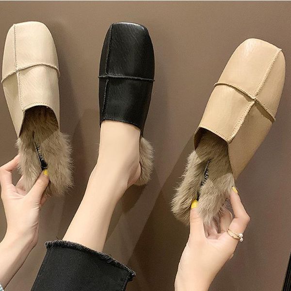 

women winter slippers fluffy ladies mules flats soft woman female warm plush fashion slipper shoes pu square toe, Black