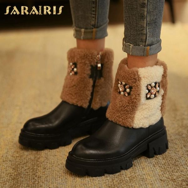 

boots sarairis 2021 arrivals add fur warm wool winter woman shoes thick bottom rhinestone platform ins luxury snow, Black