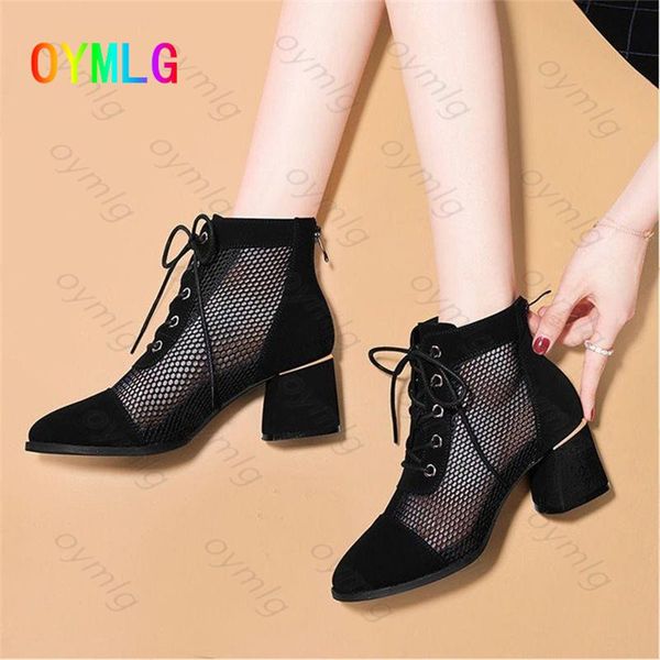 

dress shoes net yarn boots women 2021 summer thin breathable hollow short thick heel high heels, Black
