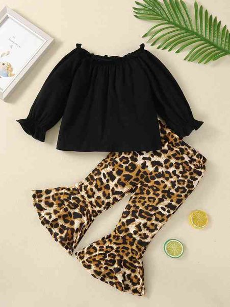 Bebê plissado cuff top leopard flare pants ela