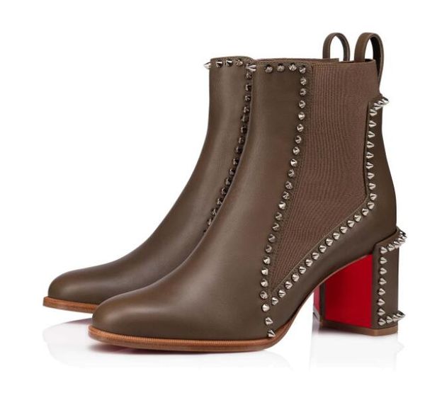 

winter ladies nude boots high heel red sole calfskin inlaid elastic cloth rivet out line spike 70 mm thick heels reds soles bootss, Black