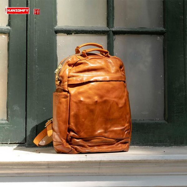 

backpack retro cowhide leather men school lapbag travel men's heavy industry old vegetable tanned bags
