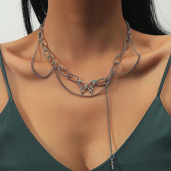 

chains trendy butterfly necklace hip hop punk multilayer silver color layered stacking necklaces for women collars neck jewelry