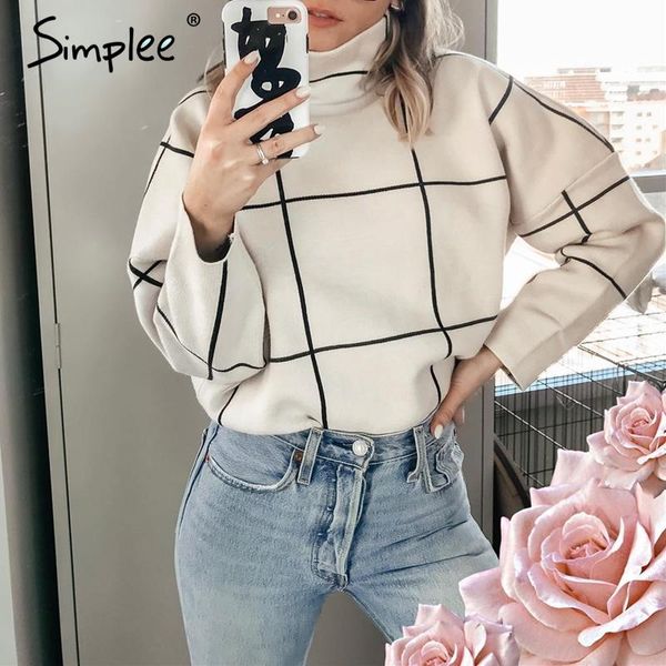 

women's sweaters simplee autumn turtleneck plaid women pullover casual office knitted outerwear sweater female winter warm out jumpers, White;black