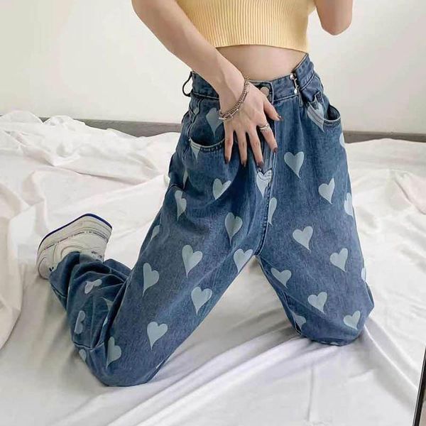 

women's jeans jmprs blue fashion print women high waist loose straight denim pants harajuku korean baggy casual chic female jean