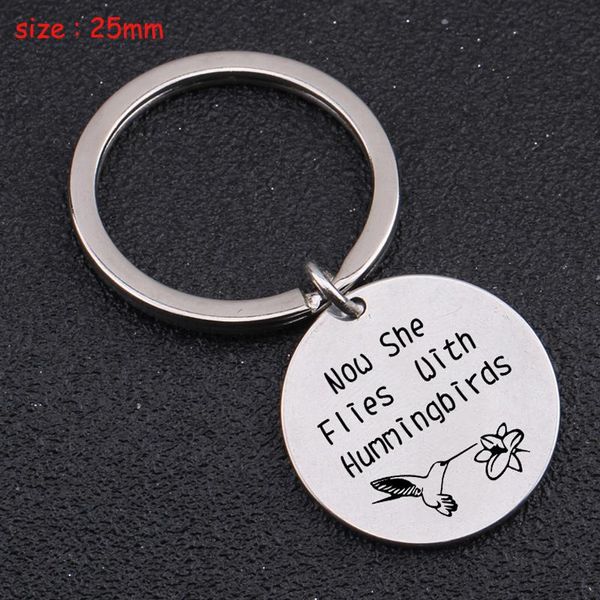 

keychains engraved now she flies with hummingbirds fashion round keychain in memory of sympathy gift for her key ring holder tag, Silver