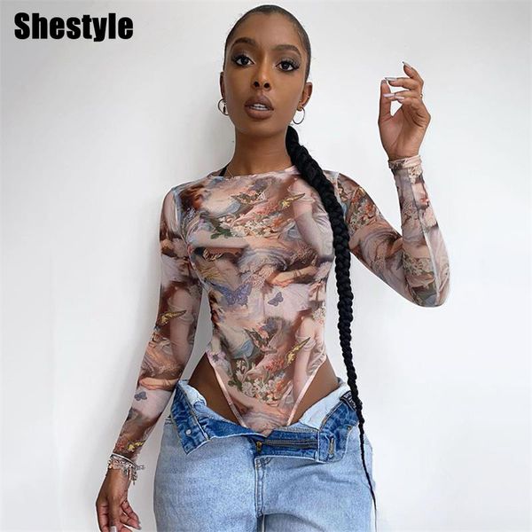 

shestyle butterfly angel printed bodysuits women bodycon slim round-neck 2021 new arrivals overalls body open crotch ladying, Black;white