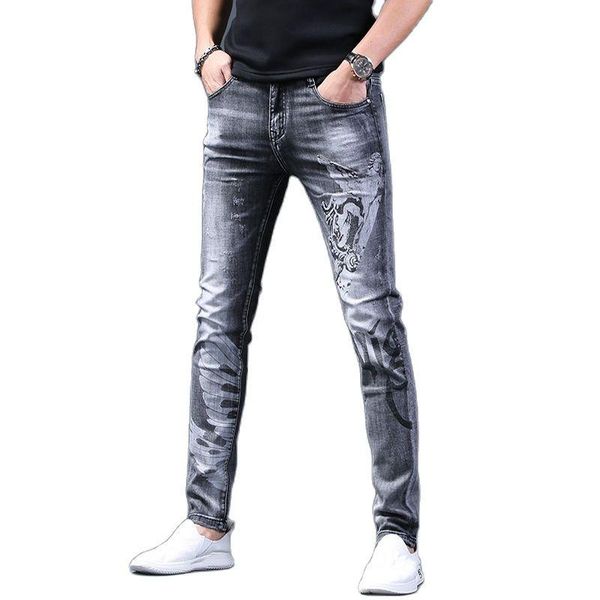 

men's jeans korean style skinny men fashion 2021 man's printed pencil pants leg brand casual school teenagers male trousers, Blue