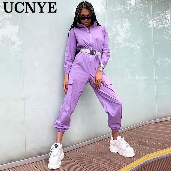

women's jumpsuits & rompers ucnye spring fashion purple jumpsuit casual style ladies zipple half stand collar big pocket loose with bel, Black;white