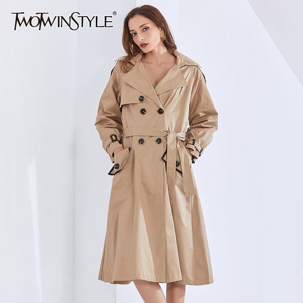 

patchwork windbreaker for women lapel collar long sleeve high waist lace up loose windbreakers female clothing 210524, Tan;black