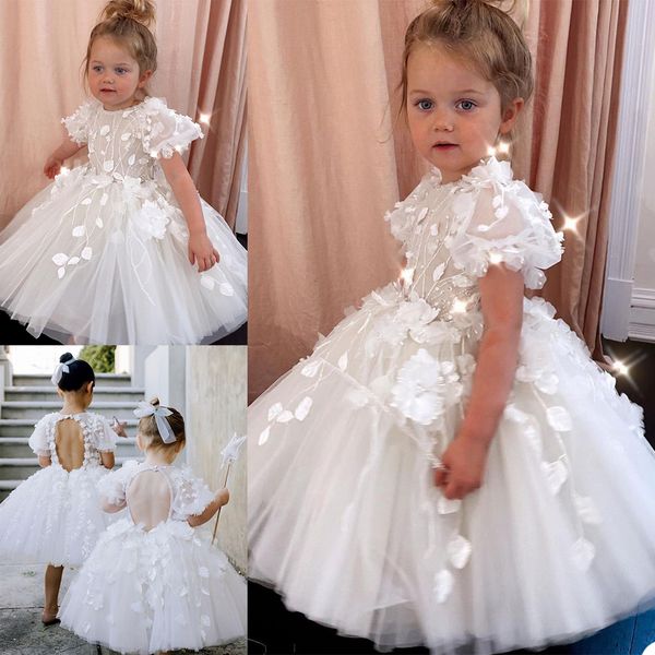 

cute princess flower girl dress 3d floral appliqued beads custom made birthday gowns ankle length short sleeves pageant first communion dres, White;blue