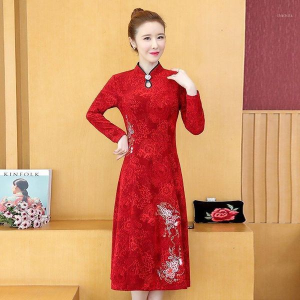 

dresses womens fashion retro cheongsam female autumn winter dress long sleeve embroidery plus velvet thick casual, Black;gray