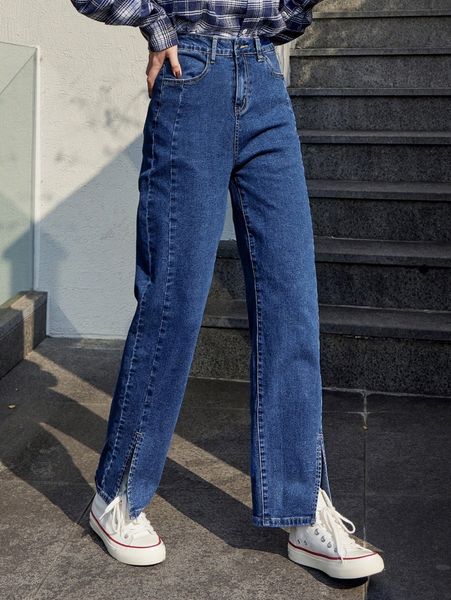 

dazy high waist split hem straight leg jeans j9ef#, Blue