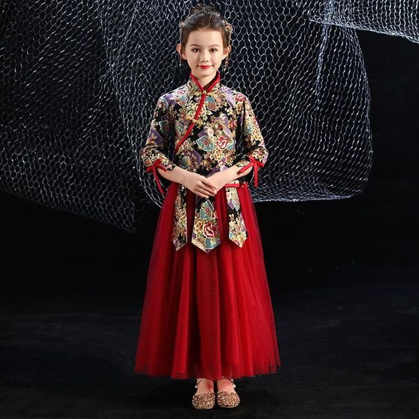 

chinese autumn cheongsam skirt girls red year costume greeting clothes children's tang ethnic clothing