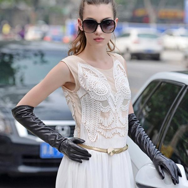 

five fingers gloves 50cm touchscreen elbow 100% genuine leather black women soft sheepskin fashion long phone lady full finger, Blue;gray