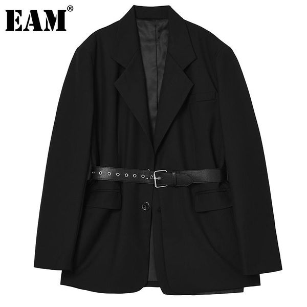

women's suits & blazers [eam] women black with belt oversized blazer lapel long sleeve loose fit jacket fashion tide spring autumn 2021, White;black
