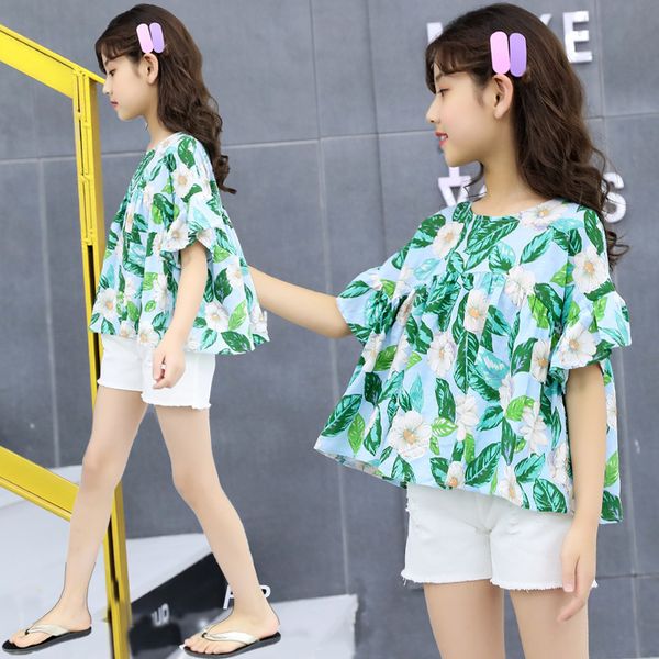 

Summer Girls Clothing Sets Kids Floral Tops + Shorts Fit 4-13 Years Children Short Sleeve Outfit Girl Summer Clothes Suit, As picture