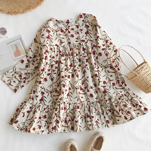 

sweet girls retro style dress, floral round collar long sleeve one-piece a-line dress for vacation holiday birthday party, Red;yellow