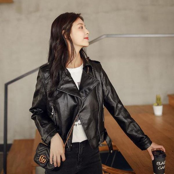 

women's leather & faux black winter sheepskin coat genuine motorcycle jackets autumn loose locomotive short women jacket coats
