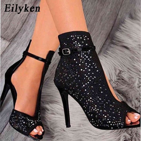 

eilyken new women crystal sandals ankle straps buckle transparent cover heel pumps ladies sandals party shoes size 35-43 210324, Black