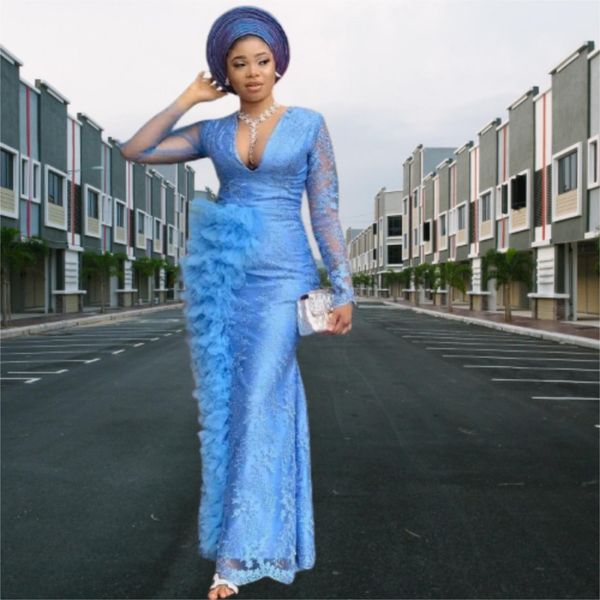 ASO EBI Arabic Style Plus Size Abendkleider 2022 Sexy V-ausschnitt volle blaue Lace Sheer Lange Ärmel Formale Prom Party Zweites Empfangskleid