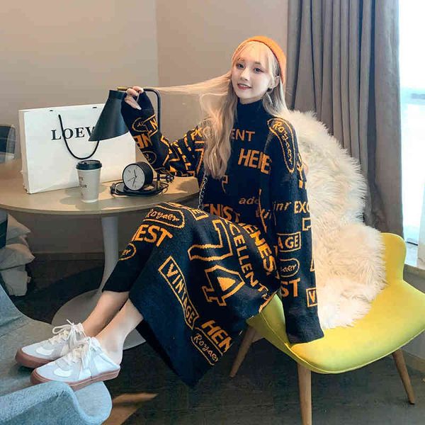 

harbour wind vintage jacquard sweater dress 2021 women winter harajuku half high collar loose knitted dress fashion streetwear g1214, Black;gray