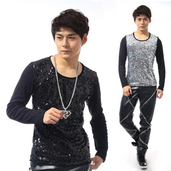 

men's t-shirts male singer fashion all-match paillette slim t-shirt nightbar stage costume show jazz dance clothes, White;black