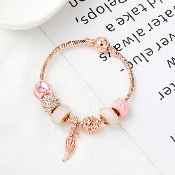 

charm bracelets rose gold angel's feather bracelet pink glass beads diy jewelry for women, Golden;silver
